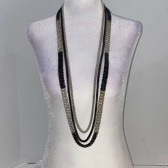 Black Silver Tone Bicolor Multi Strand Layered Necklace Multi Style Chain - Picture 4 of 10